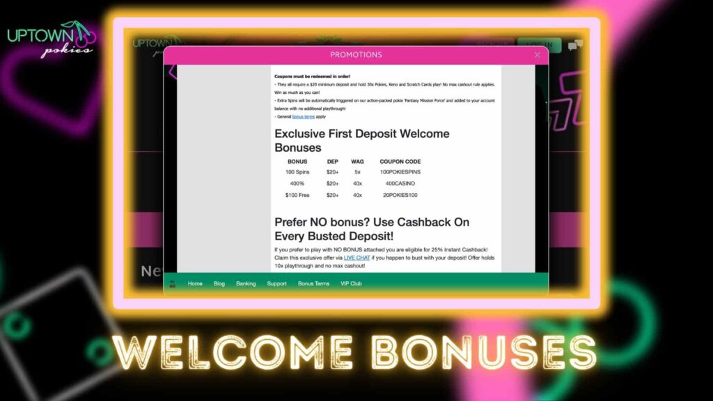 Uptown Pokies Welcome Bonuses 