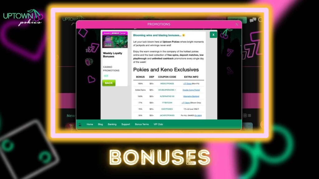 Uptown Pokies Online casino games bonuses list