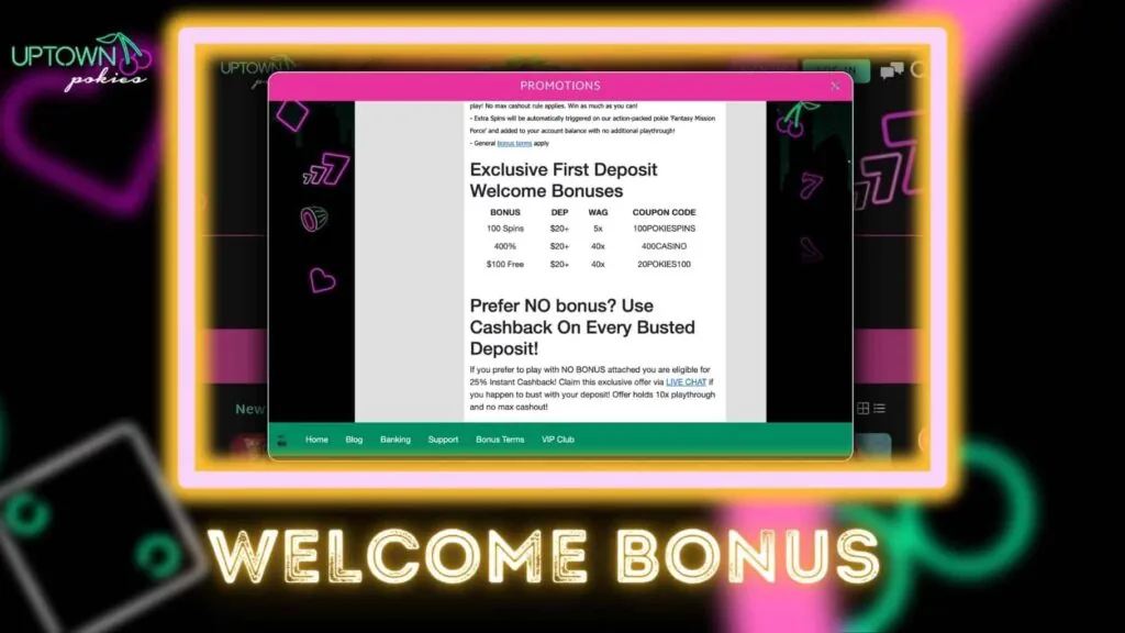 Uptown Pokies Australia welcome bonus review